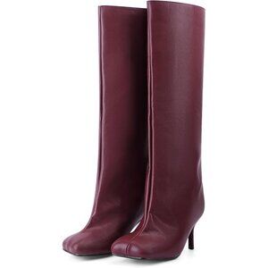 Women's Burgundy Pu Wide Calf Square Toe Stiletto Heels Knee High Suede Boots